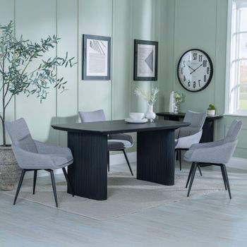 Bern Fluted Black 6 Seater 160cm Dining Set with Ace Swivel Grey Fabric Dining Chairs