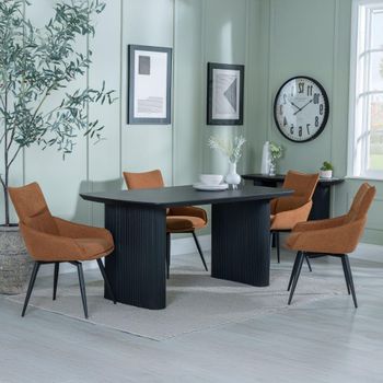 Bern Fluted Black 6 Seater 160cm Dining Set with Ace Swivel Orange Fabric Dining Chairs