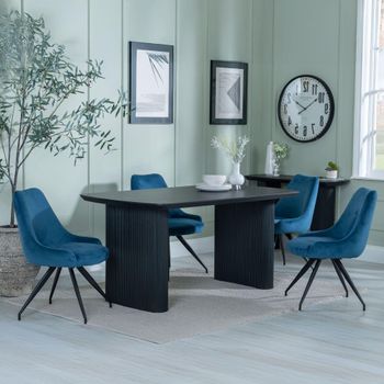 Bern Fluted Black 6 Seater 160cm Dining Set with Arctic Swivel Blue Velvet Fabric Dining Chairs