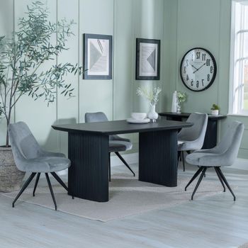Bern Fluted Black 6 Seater 160cm Dining Set with Arctic Swivel Grey Velvet Fabric Dining Chairs