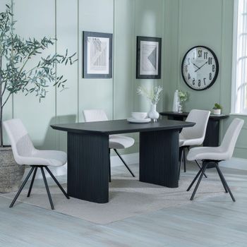 Bern Fluted Black 6 Seater 160cm Dining Set with Boden Swivel Cream Fabric Dining Chairs