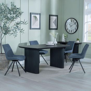 Bern Fluted Black 6 Seater 160cm Dining Set with Boden Swivel Dark Grey Fabric Dining Chairs