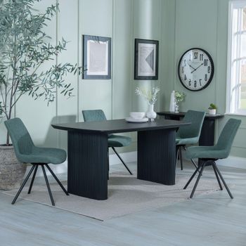 Bern Fluted Black 6 Seater 160cm Dining Set with Boden Swivel Green Fabric Dining Chairs