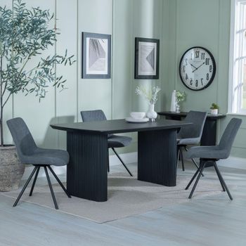 Bern Fluted Black 6 Seater 160cm Dining Set with Boden Swivel Grey Fabric Dining Chairs