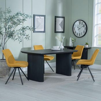 Bern Fluted Black 6 Seater 160cm Dining Set with Boden Swivel Yellow Fabric Dining Chairs