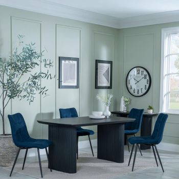 Bern Fluted Black 6 Seater 160cm Dining Set with Corona Blue Fabric Dining Chairs