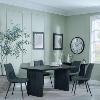Bern Fluted Black 6 Seater 160cm Dining Set with Corona Light Grey Fabric Dining Chairs