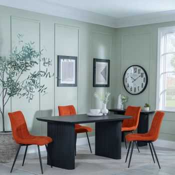 Bern Fluted Black 6 Seater 160cm Dining Set with Corona Orange Fabric Dining Chairs
