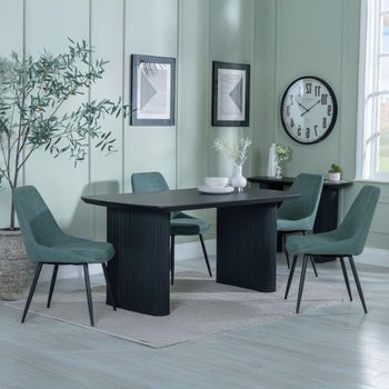 Bern Fluted Black 6 Seater 160cm Dining Set with Darwin Green Fabric Dining Chairs