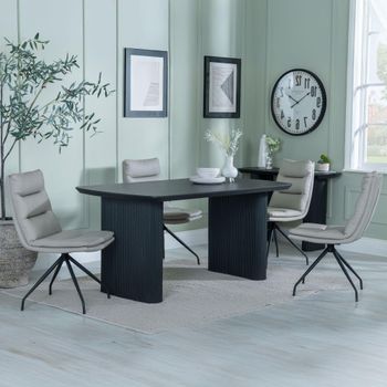 Bern Fluted Black 6 Seater 160cm Dining Set with Diego Swivel Beige Leather Dining Chairs