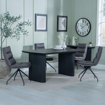 Bern Fluted Black 6 Seater 160cm Dining Set with Diego Swivel Grey Leather Dining Chairs