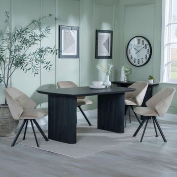 Bern Fluted Black 6 Seater 160cm Dining Set with Ion Swivel Beige Velvet Fabric Dining Chairs