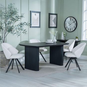 Bern Fluted Black 6 Seater 160cm Dining Set with Ion Swivel Cream Boucle Fabric Dining Chairs
