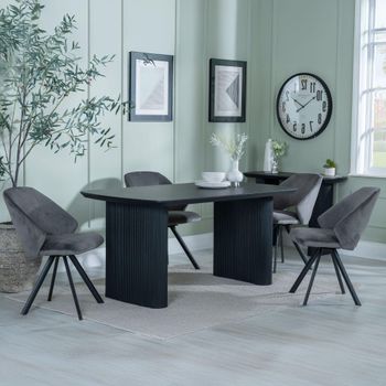 Bern Fluted Black 6 Seater 160cm Dining Set with Ion Swivel Dark Grey Velvet Fabric Dining Chairs