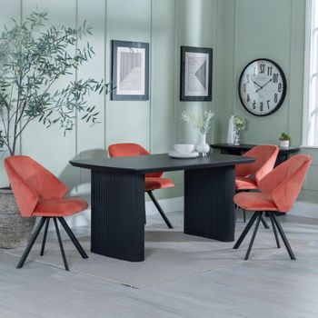 Bern Fluted Black 6 Seater 160cm Dining Set with Ion Swivel Orange Velvet Fabric Dining Chairs