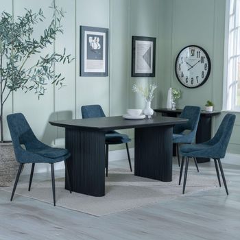 Bern Fluted Black 6 Seater 160cm Dining Set with Peyton Blue Fabric Dining Chairs