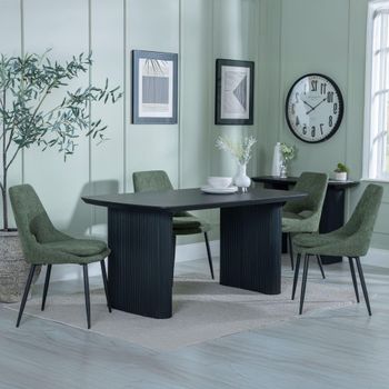 Bern Fluted Black 6 Seater 160cm Dining Set with Peyton Green Fabric Dining Chairs