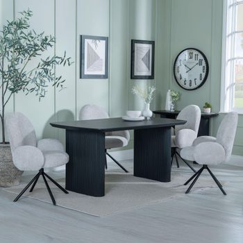 Bern Fluted Black 6 Seater 160cm Dining Set with Theo Swivel Grey Fabric Dining Chairs