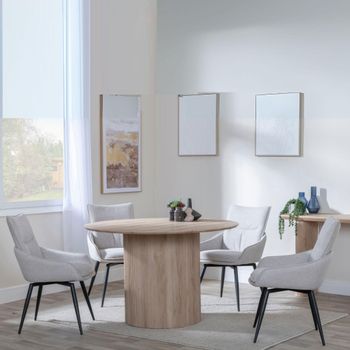 Bern Oak Fluted 4 Seater 120cm Round Dining Set with 4x Ace Swivel Beige Fabric Dining Chairs