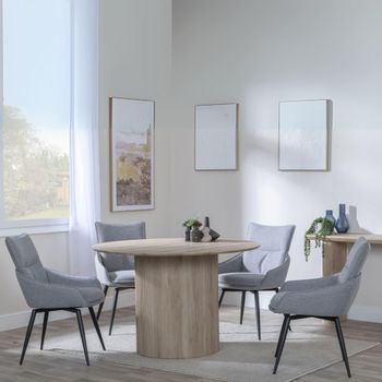 Bern Oak Fluted 4 Seater 120cm Round Dining Set with 4x Ace Swivel Grey Fabric Dining Chairs