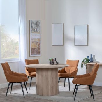 Bern Oak Fluted 4 Seater 120cm Round Dining Set with 4x Ace Swivel Orange Fabric Dining Chairs