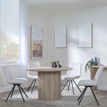 Bern Oak Fluted 4 Seater 120cm Round Dining Set with 4x Boden Swivel Cream Fabric Dining Chairs