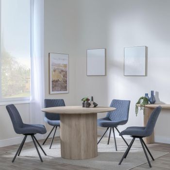 Bern Oak Fluted 4 Seater 120cm Round Dining Set with 4x Boden Swivel Dark Grey Fabric Dining Chairs