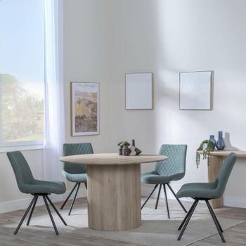 Bern Oak Fluted 4 Seater 120cm Round Dining Set with 4x Boden Swivel Green Fabric Dining Chairs
