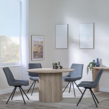 Bern Oak Fluted 4 Seater 120cm Round Dining Set with 4x Boden Swivel Grey Fabric Dining Chairs