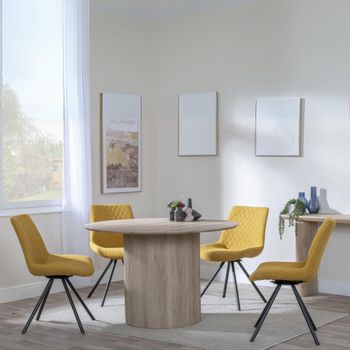 Bern Oak Fluted 4 Seater 120cm Round Dining Set with 4x Boden Swivel Yellow Fabric Dining Chairs