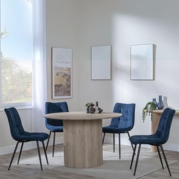 Bern Oak Fluted 4 Seater 120cm Round Dining Set with 4x Corona Blue Fabric Dining Chairs