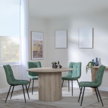 Bern Oak Fluted 4 Seater 120cm Round Dining Set with 4x Corona Green Fabric Dining Chairs