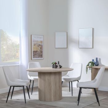 Bern Oak Fluted 4 Seater 120cm Round Dining Set with 4x Darwin Cream Fabric Dining Chairs