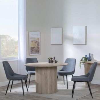 Bern Oak Fluted 4 Seater 120cm Round Dining Set with 4x Darwin Grey Fabric Dining Chairs
