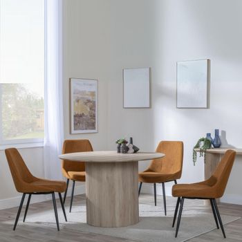 Bern Oak Fluted 4 Seater 120cm Round Dining Set with 4x Darwin Orange Fabric Dining Chairs