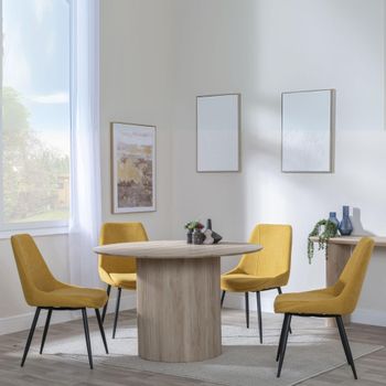 Bern Oak Fluted 4 Seater 120cm Round Dining Set with 4x Darwin Yellow Fabric Dining Chairs