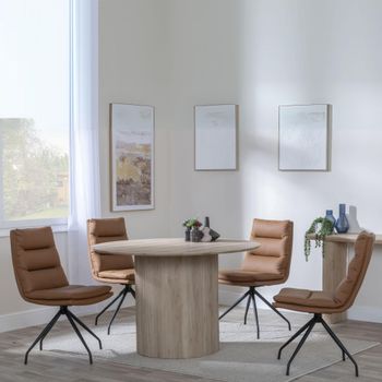 Bern Oak Fluted 4 Seater 120cm Round Dining Set with 4x Diego Swivel Brown Leather Dining Chairs