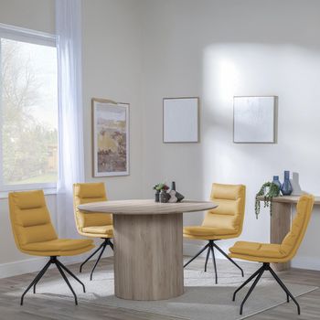 Bern Oak Fluted 4 Seater 120cm Round Dining Set with 4x Diego Swivel Yellow Leather Dining Chairs