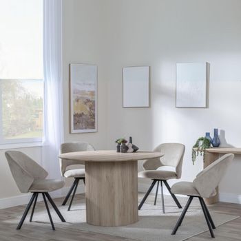 Bern Oak Fluted 4 Seater 120cm Round Dining Set with 4x Ion Swivel Beige Velvet Fabric Dining Chairs
