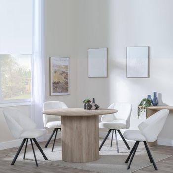 Bern Oak Fluted 4 Seater 120cm Round Dining Set with 4x Ion Swivel Cream Boucle Fabric Dining Chairs