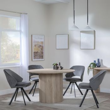 Bern Fluted Oak 4 Seater 120cm Round Dining Set with 4 Ion Swivel Dark Grey Velvet Chairs