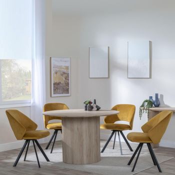Bern Fluted Oak 4 Seater 120cm Round Dining Set with 4 Ion Swivel Mustard Velvet Chairs