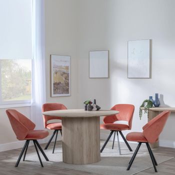 Bern Fluted Oak 4 Seater 120cm Round Dining Set with 4 Ion Swivel Orange Velvet Chairs