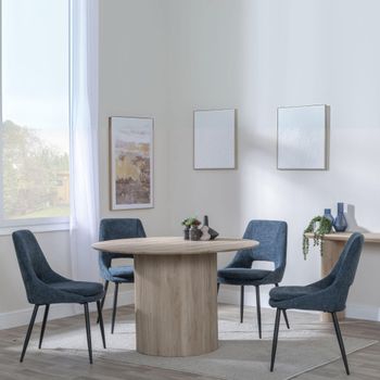 Bern Oak Fluted 4 Seater 120cm Round Dining Set with 4x Peyton Blue Fabric Dining Chairs