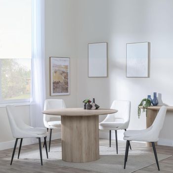 Bern Oak Fluted 4 Seater 120cm Round Dining Set with 4x Peyton Cream Fabric Dining Chairs