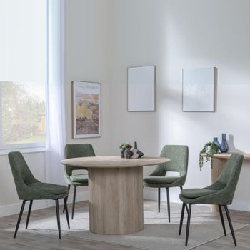 Bern Oak Fluted 4 Seater 120cm Round Dining Set with 4x Peyton Green Fabric Dining Chairs