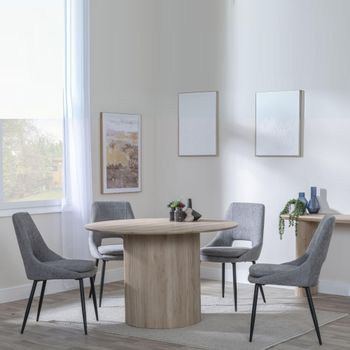 Bern Oak Fluted 4 Seater 120cm Round Dining Set with 4x Peyton Grey Fabric Dining Chairs
