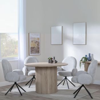 Bern Oak Fluted 4 Seater 120cm Round Dining Set with 4x Theo Swivel Grey Fabric Dining Chairs