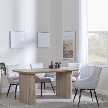 Bern Oak Fluted 6 Seater 160cm Dining Set with Ace Swivel Beige Fabric Dining Chairs