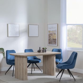 Bern Oak Fluted 6 Seater 160cm Dining Set with Arctic Swivel Blue Velvet Fabric Dining Chairs